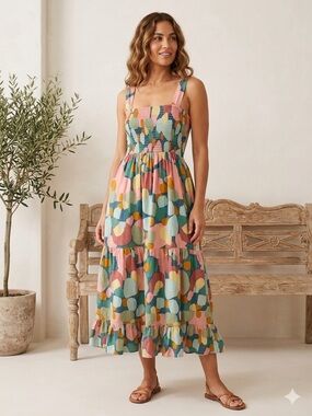 THML Anthropologie Women Multicolor Abstract-Print Smocked Tiered Midi Dress
